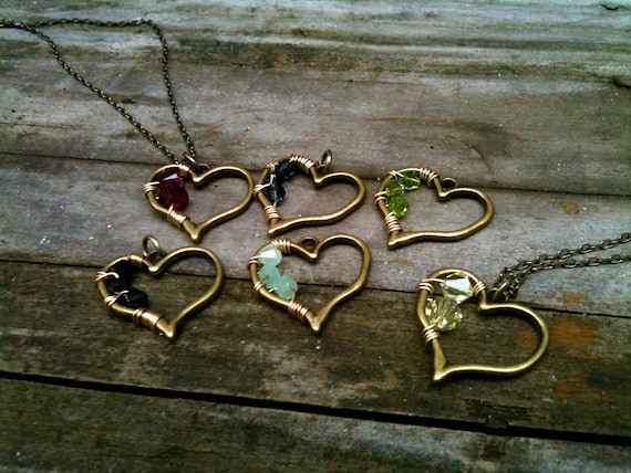 Brass Heart & Swarovski Crystal Custom Pendant Necklace