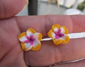Hawaiian White with Yellow Edge Plumeria Frangipani Polymer Clay Post Earrings with a Pink/Purple Center
