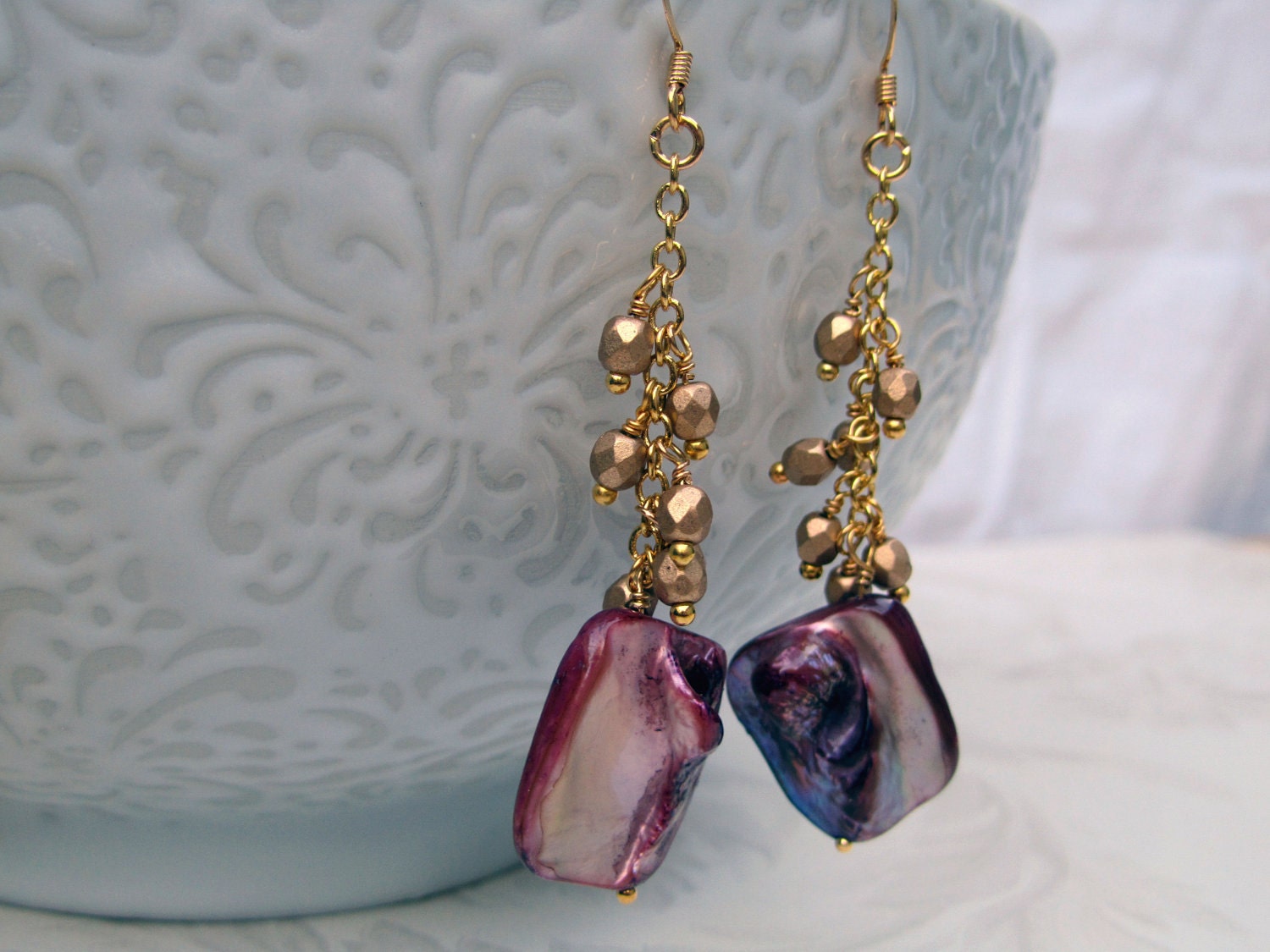 Boho earrings from fuchsia shell on gold plated chain with dangly gold beads