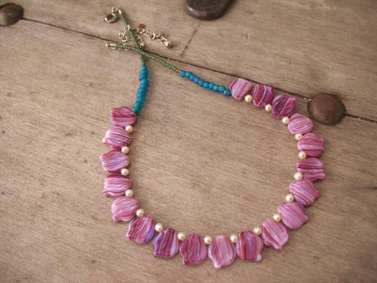 Purple petals hand beaded flower necklace