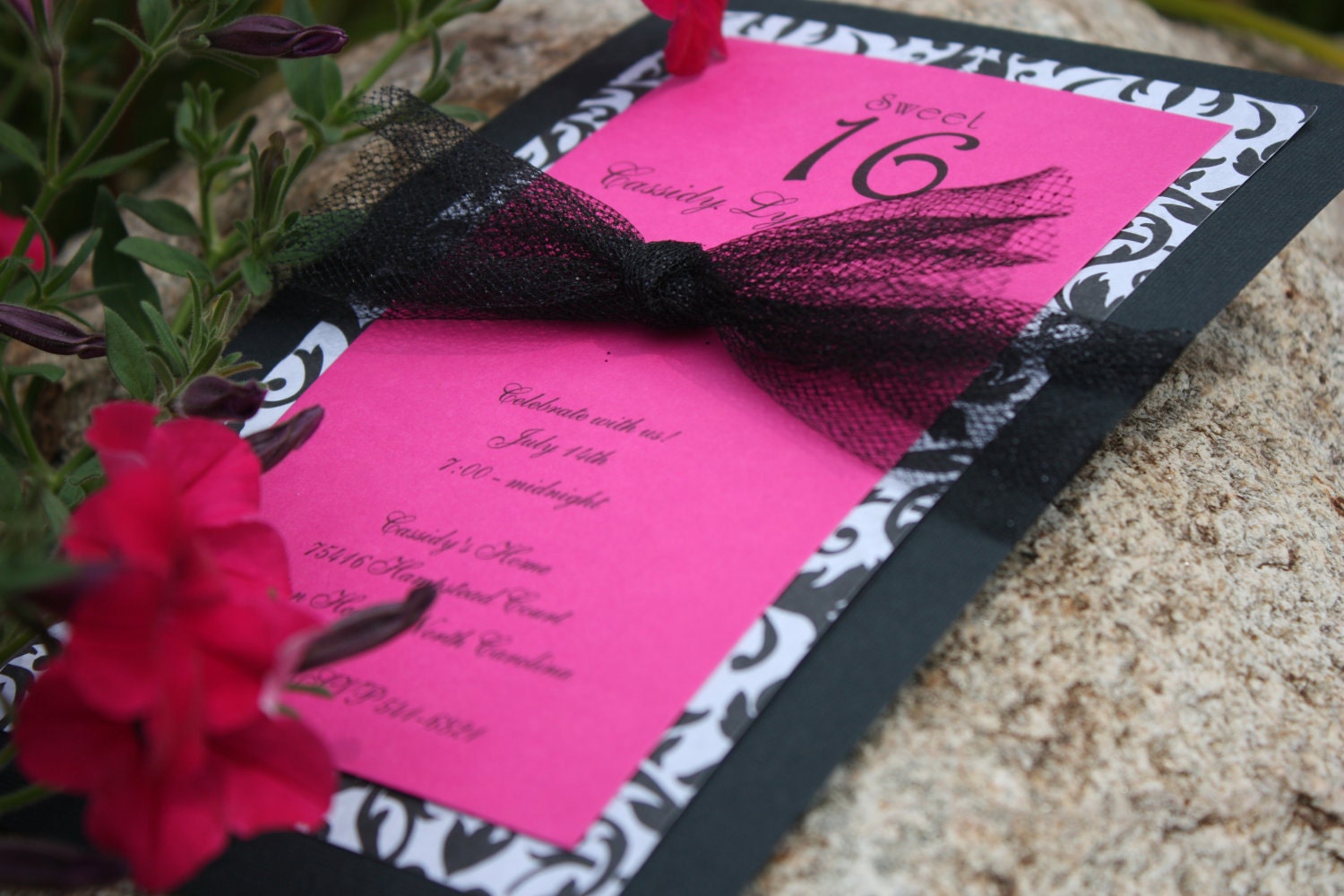 Fuchsia, Black & White Sweet 16 Birthday Invitations