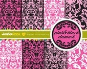 Pink and Black Damask Digital Scrapbooking Paper Set