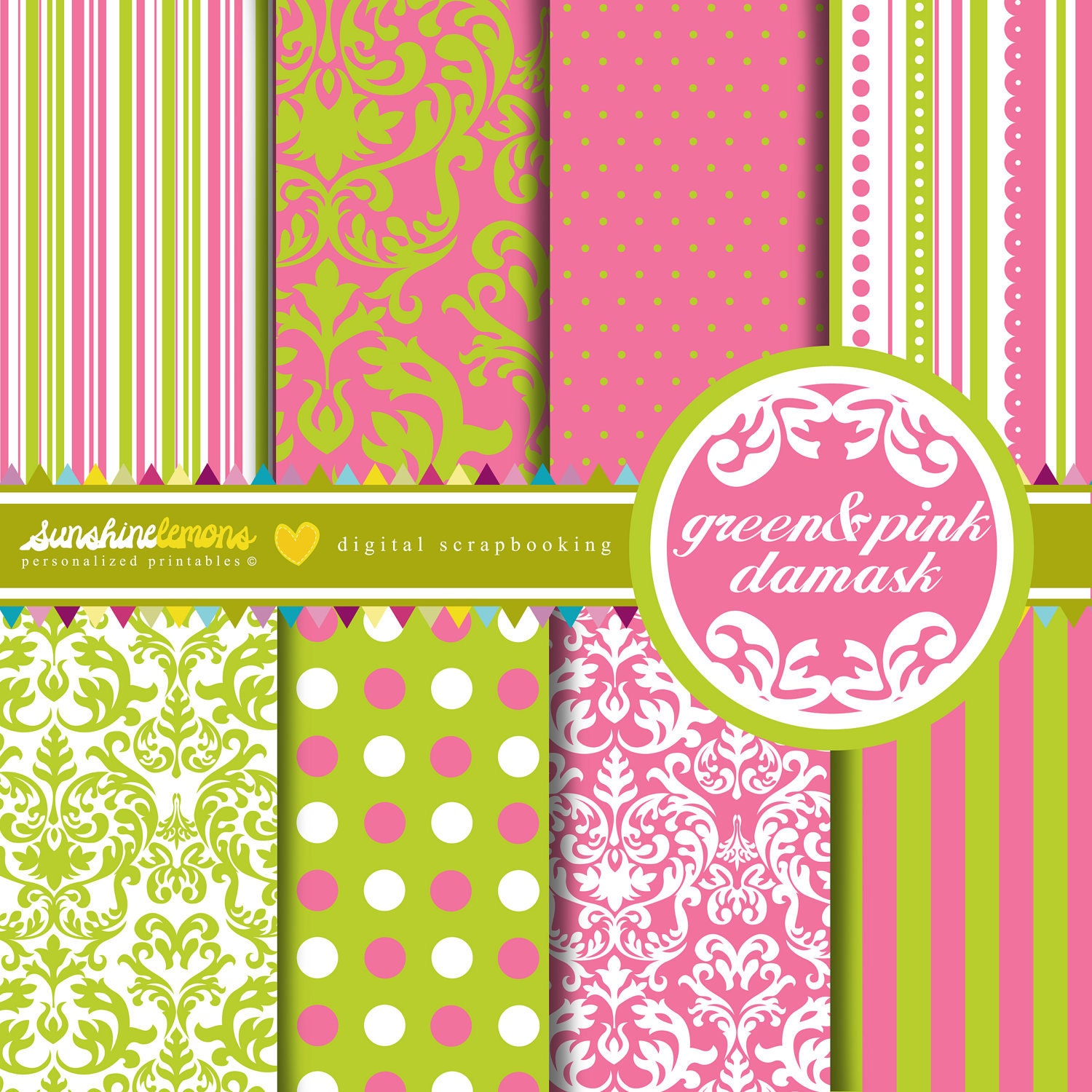 Pink and Green Damask Digital Scrapbooking Paper