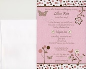 24 Printed CoCaLo Mia Rose Butterfly Girl Baby Shower Invitation - Greeting Card Size - Pretty Pink & Brown Flowers