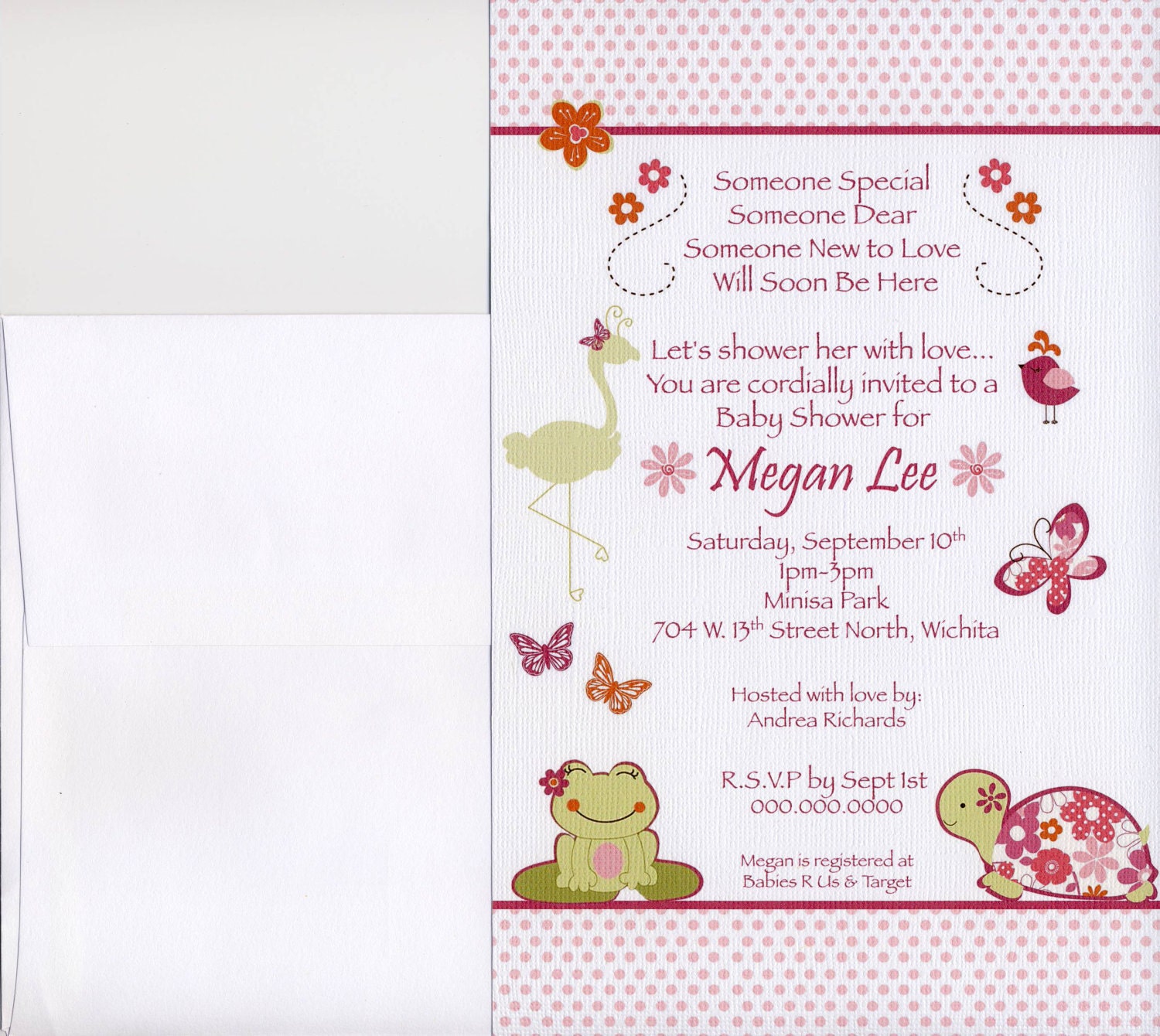 24 Printed CoCaLo Once Upon a Pond Girl Baby Shower Invitation - Greeting Card Size - Pink Turtle, Butterfly, Frog, Flamingo