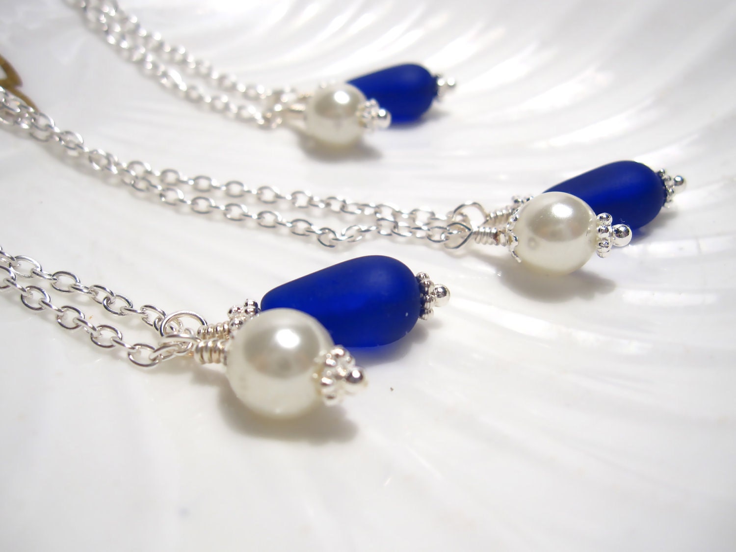 Royal Blue Sea glass Bridesmaids necklace - Bridesmaids jewelry for beach Wedding - Something Blue