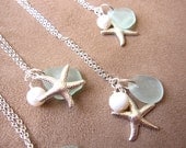 Bridesmaids neckalaces in Beach Wedding - Seaglass Starfish Neckalce with swarovski pearl - FREE SHIPPING