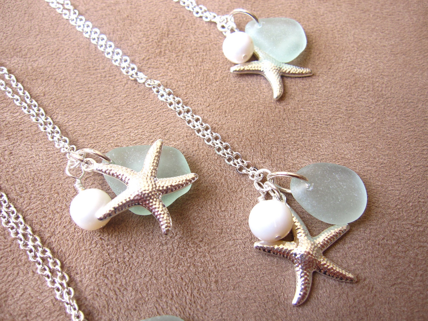 Bridesmaids neckalaces in Beach Wedding - Seaglass Starfish Neckalce with swarovski pearl - FREE SHIPPING
