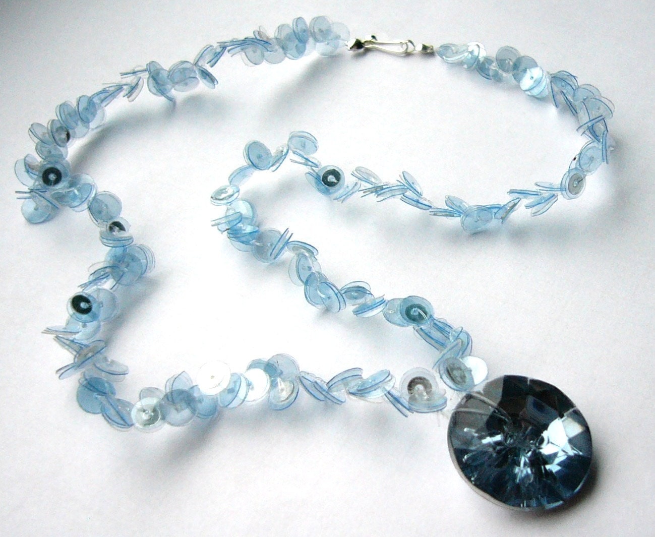 Gorgeous blue statement necklace upcycled jewelry made of recycled plastic bottle & vintage button, fantasy, wedding