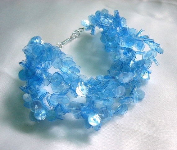 Recycled plastic bottle blue bracelet - sea blue sequins, sustainable, upcycled jewelry