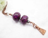 Copper Lariat Necklace Purple Handmade Beaded Jewelry Upcycled Retro Vintage Boho Clay Bead Pendant Rustic