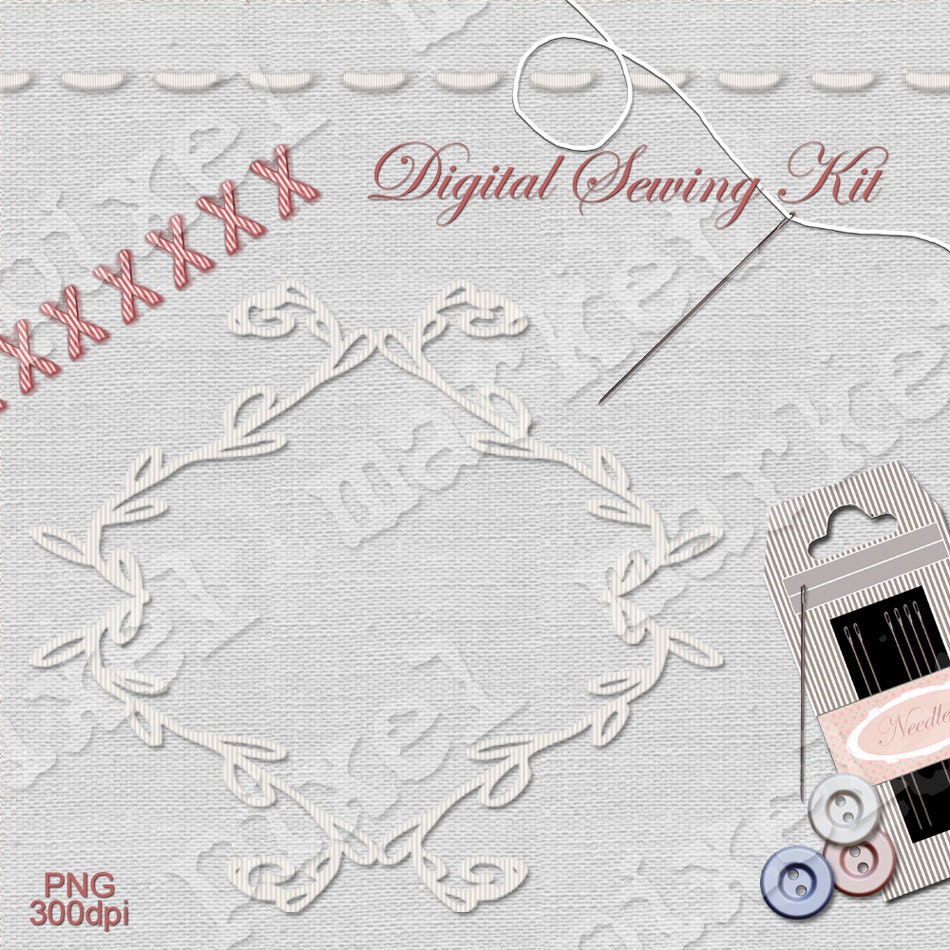 SEWING CLIPARTS Digital Scrapbooking STITCH Thread  Borders Embroidery Frame Clip art Button Linen Paper Blog Background b04