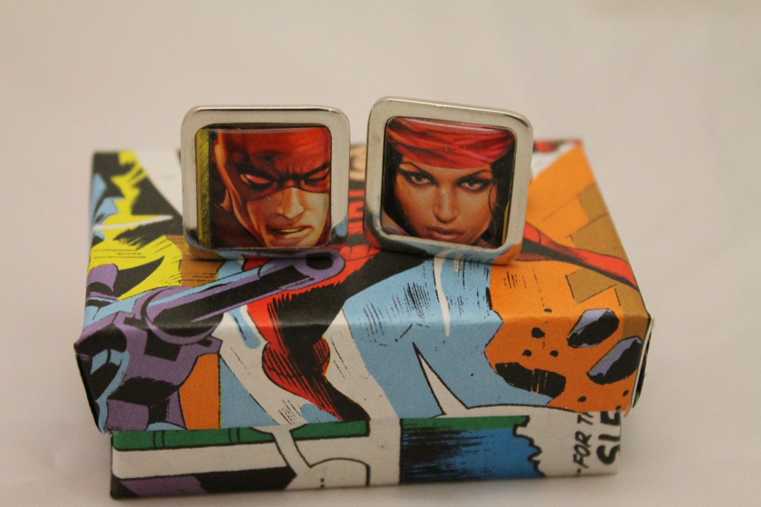 Superhero Cufflinks//Daredevil and Elektra// Recycled comic Cufflinks// Marvel comic cufflinks