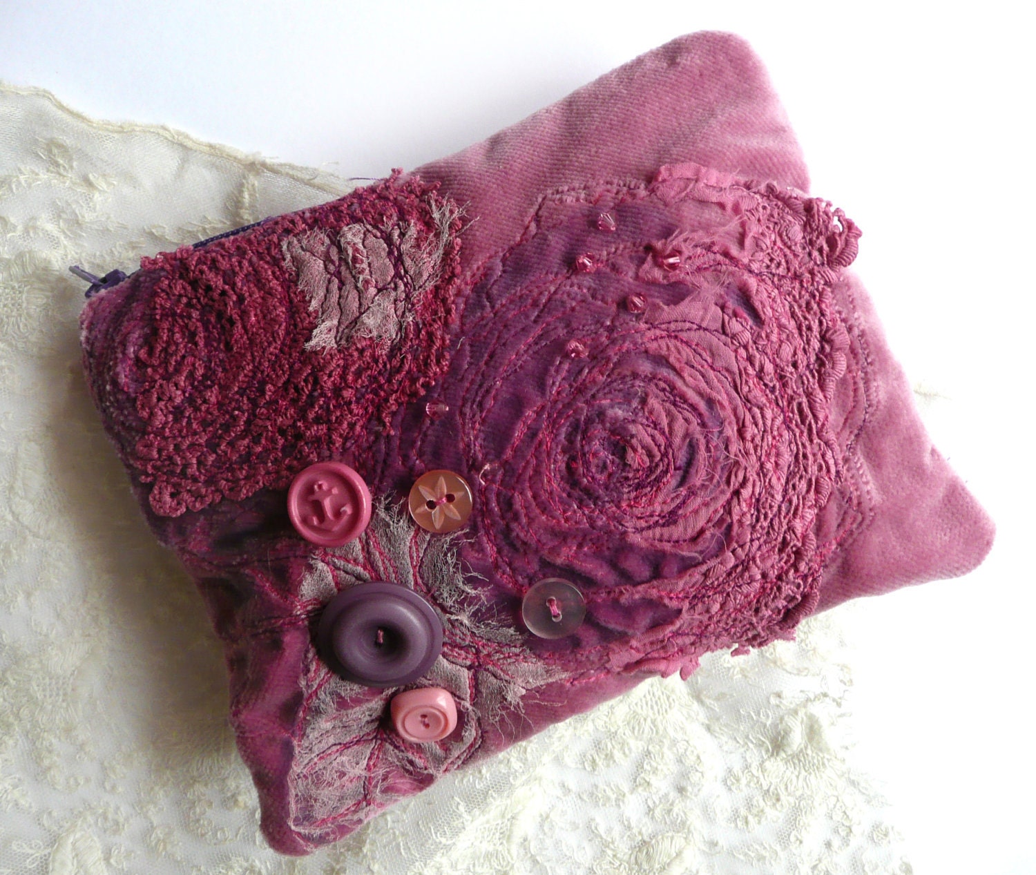 RESERVED Pink velvet purse, cosmetic bag, clutch purse, evening bag embroidered and embellished with vintage buttons and Swarovski crystals