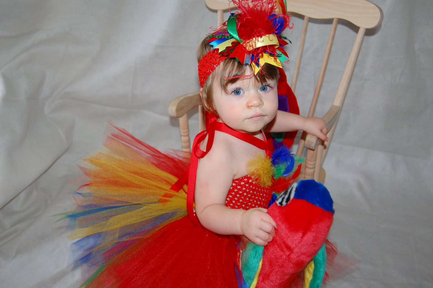 Parrot Costume set: Parrot themed Over the Top Hair Bow, Bright Red Tutu Halter Dress with tulle "tail feathers"