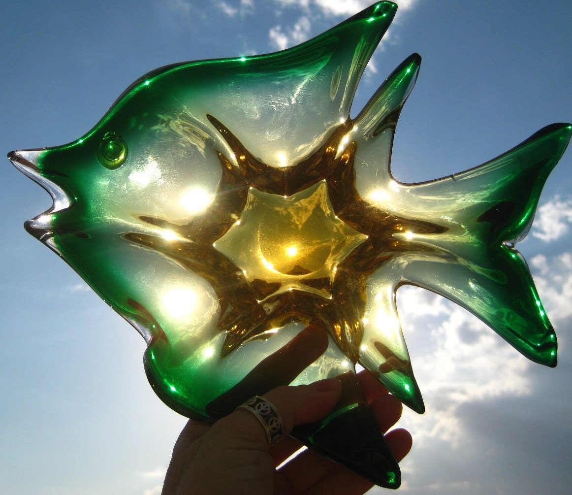 SALE Authentic Vintage Murano Glass Angel Fish Candy Dish-Amber and Forest Green-Gorgeous