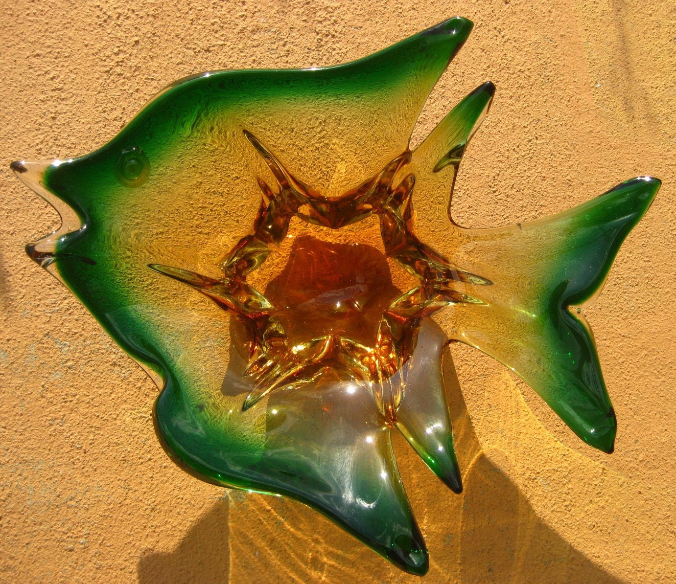 SALE Authentic Vintage Murano Glass Angel Fish Candy Dish-Amber and Forest Green-Gorgeous