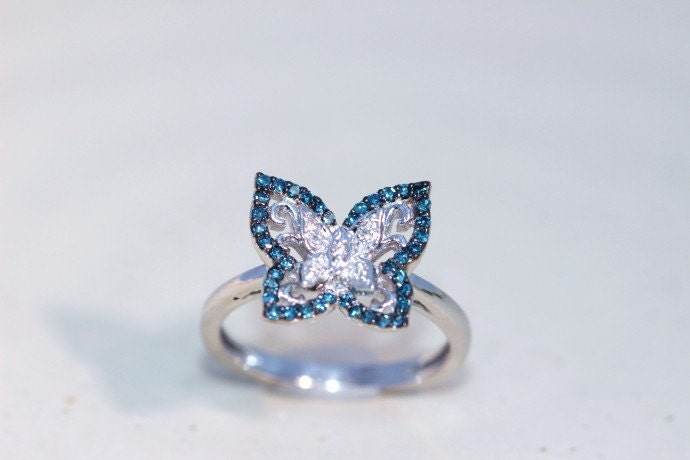 Blue Diamond Butterfly Ring. Natural white Diamond and Blue Diamond Fashion Ring.14k Solid White Gold . YZjewelry on ETSY