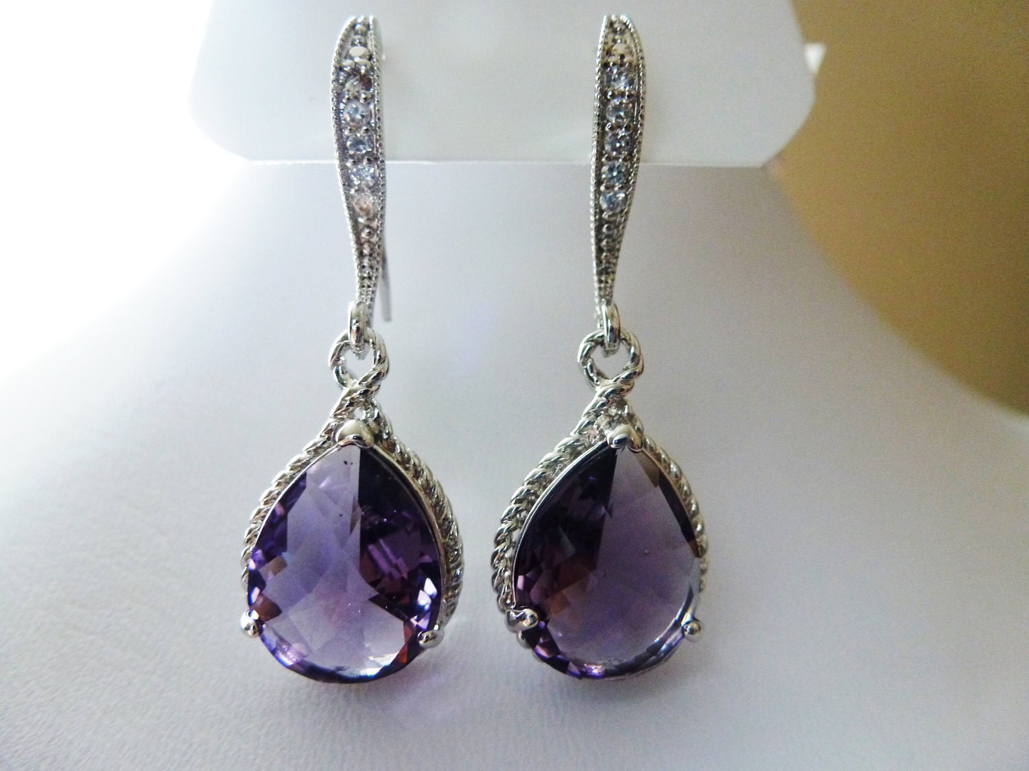 Amethyst Purple Earrings Teardrop Czech Glass Crystal  - Bridal Jewelry - Wedding Earrings - Cubic Zirconia Ear wires