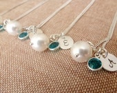 Bridesmaid Gift - Bridesmaids Necklace - Bridesmaid Jewelry - Set of 5 Necklace - White Pearl - Birthstone Initial Disc Pendant  Silver