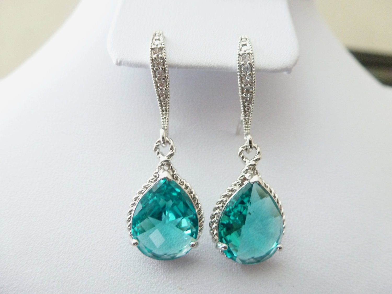 Sea green Blue Teardrop Glass - Ocean Earrings - Wedding Earrings - Bridesmaids earrings - Zirconia Ear wires