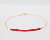 Bright red bar bracelet - delicate gold filled chain - skinny seed beads - everyday minimalist jewelry by fildee
