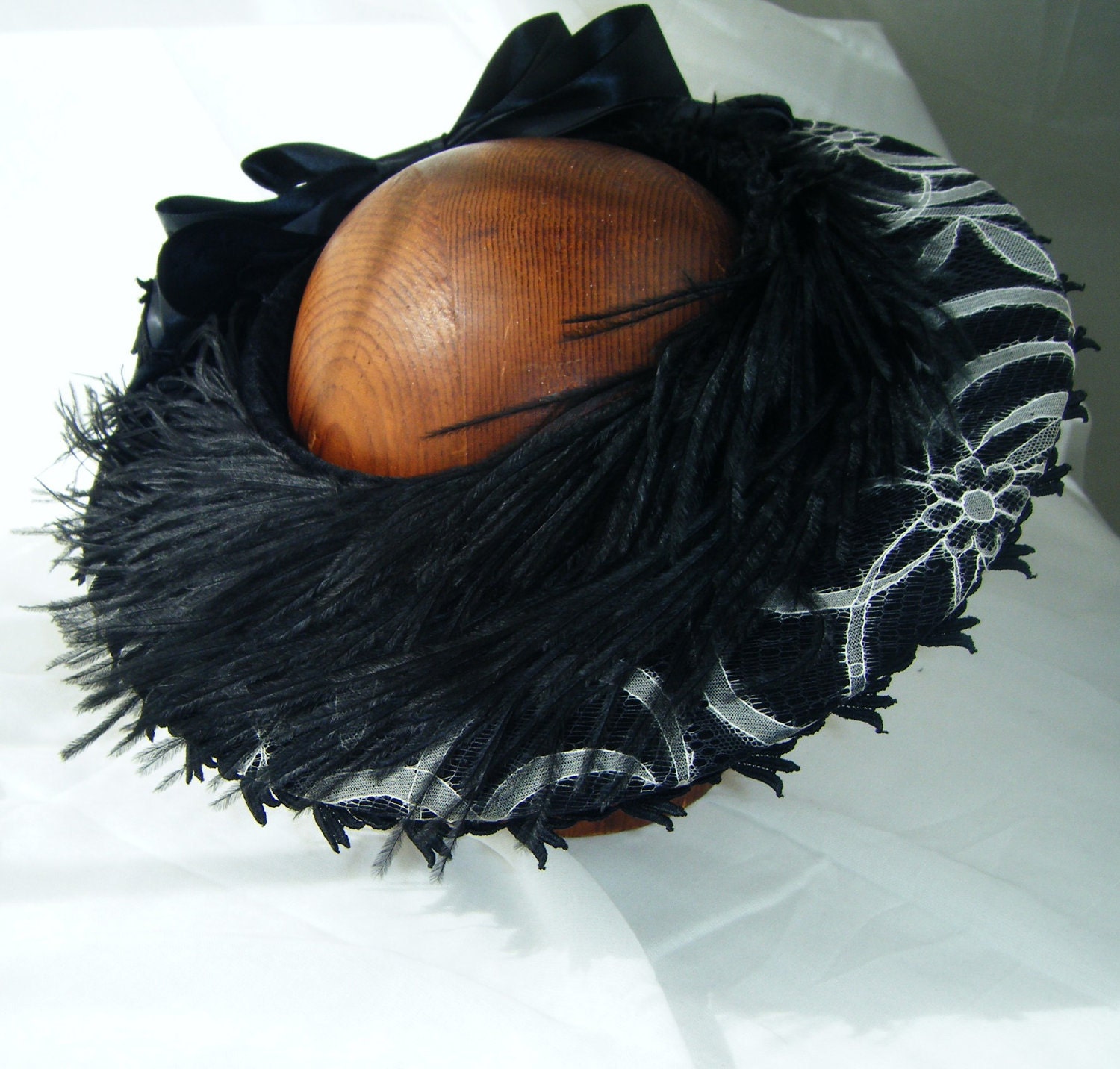 SALE Black White Lace Crownless Hat with Ostrich Feather