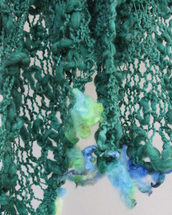 Hand Knit Shawl made of Hand Spun Hand Dyed Yarn in Shades of Green, Rustic Argentina Wool
