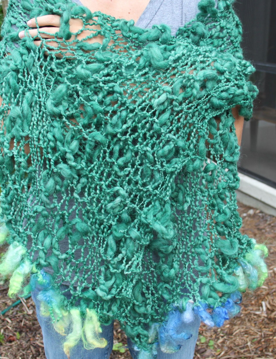 Hand Knit Shawl made of Hand Spun Hand Dyed Yarn in Shades of Green, Rustic Argentina Wool