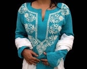 Blue dress Indian Hand Embroidered Kurta Tunic Womens clothing Salwar Kameez Indian Cotton Fabric Boho Top FREE STOLE