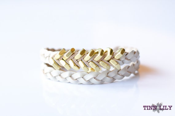 TINNLILY Pearl Leather and Brass Double Wrap Hex Nut Bracelet