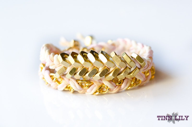 TINNLILY Silk Blush Chain and Hex Nut Double Wrap Bracelet
