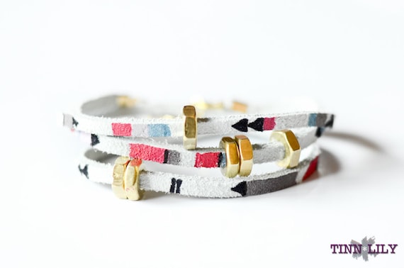 TINNLILY Hand Painted Suede and Brass Hex Nut Triple Wrap Bracelet
