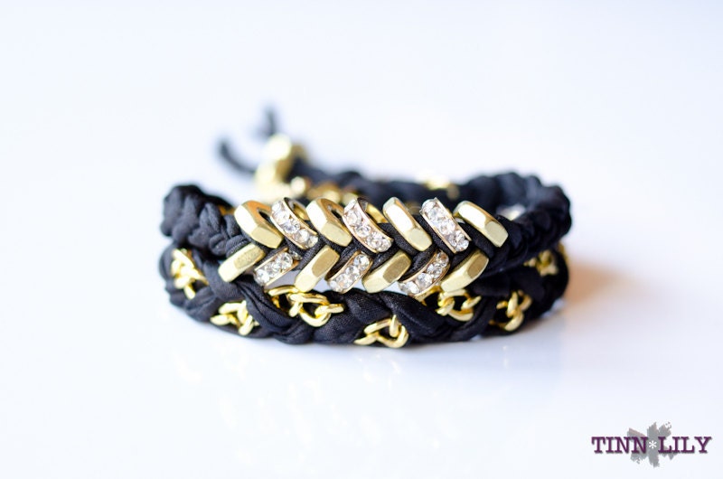 TINNLILY Chain and Hex Nut Double Wrap Silk Bracelet in Sparkling Midnight