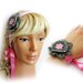 Gray, pink, crochet headband, with pink pearls and bow. multi purpose headband, neck band and cuff bracelet at the same time.