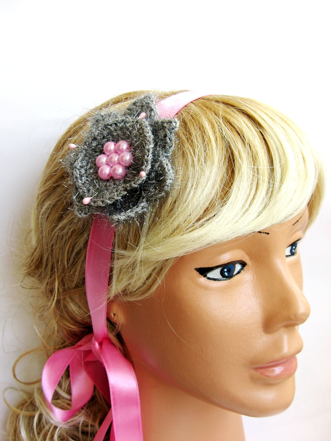 Gray, pink, crochet headband, with pink pearls and bow. multi purpose headband, neck band and cuff bracelet at the same time.