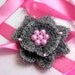 Gray, pink, crochet headband, with pink pearls and bow. multi purpose headband, neck band and cuff bracelet at the same time.