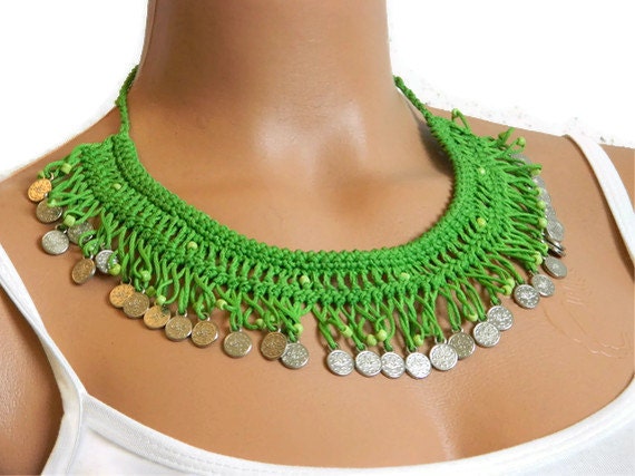 Handmade Green Bib necklace, Details of the Ottoman monogram metal circles, Turkish Mekik Oya Necklace, Summer Fashion Hand made Necklace...