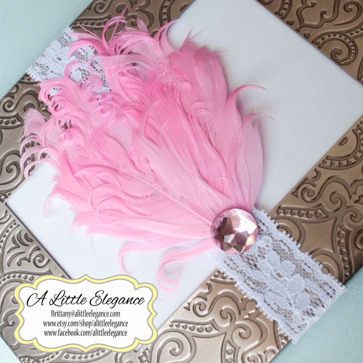 Gorgeous light pink Nagorie feathers on a coordinating soft white lace headband w/jewel accent