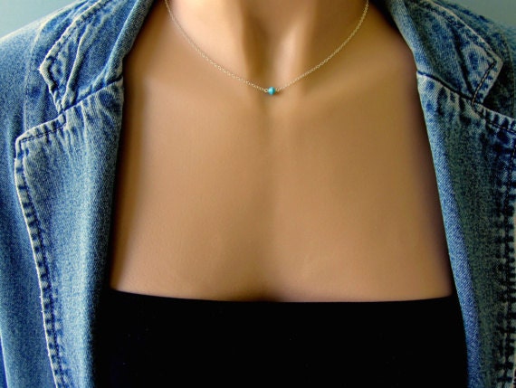 Minimalist Custom Birthstone Necklace in Sterling Silver - Turquoise For December