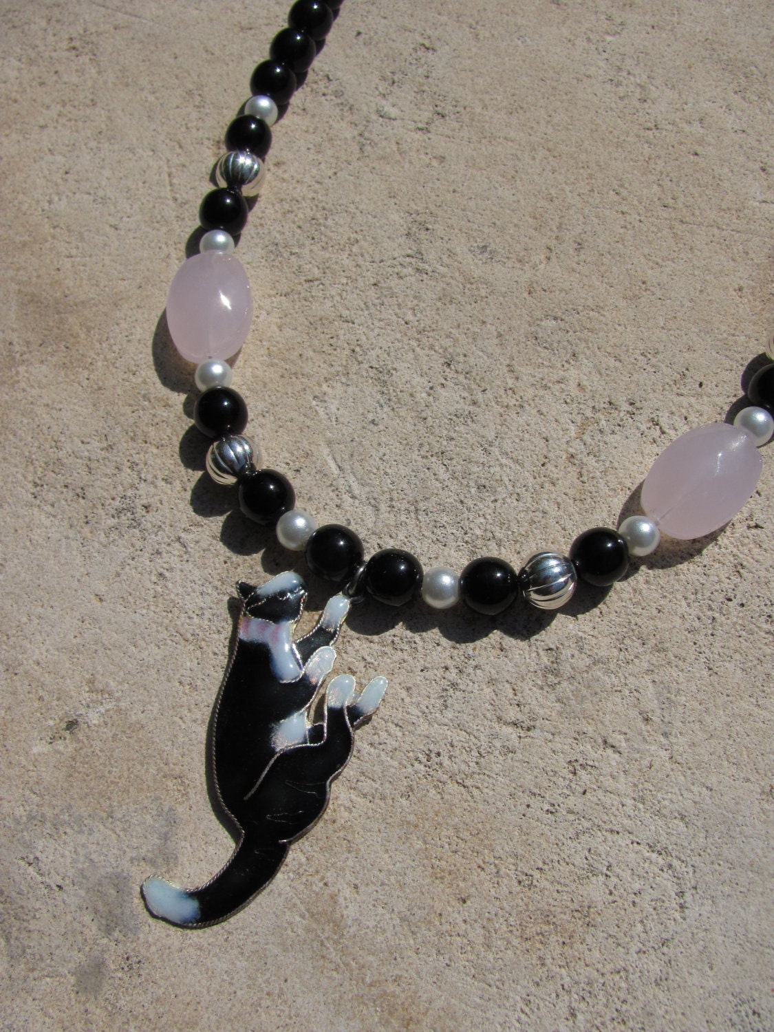 Tuxedo Cat Necklace Black and White Enamel Kitty Pendant