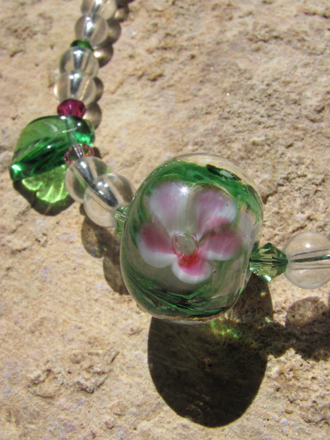Spring Garden Necklace Pink Flowers and Green Leaves