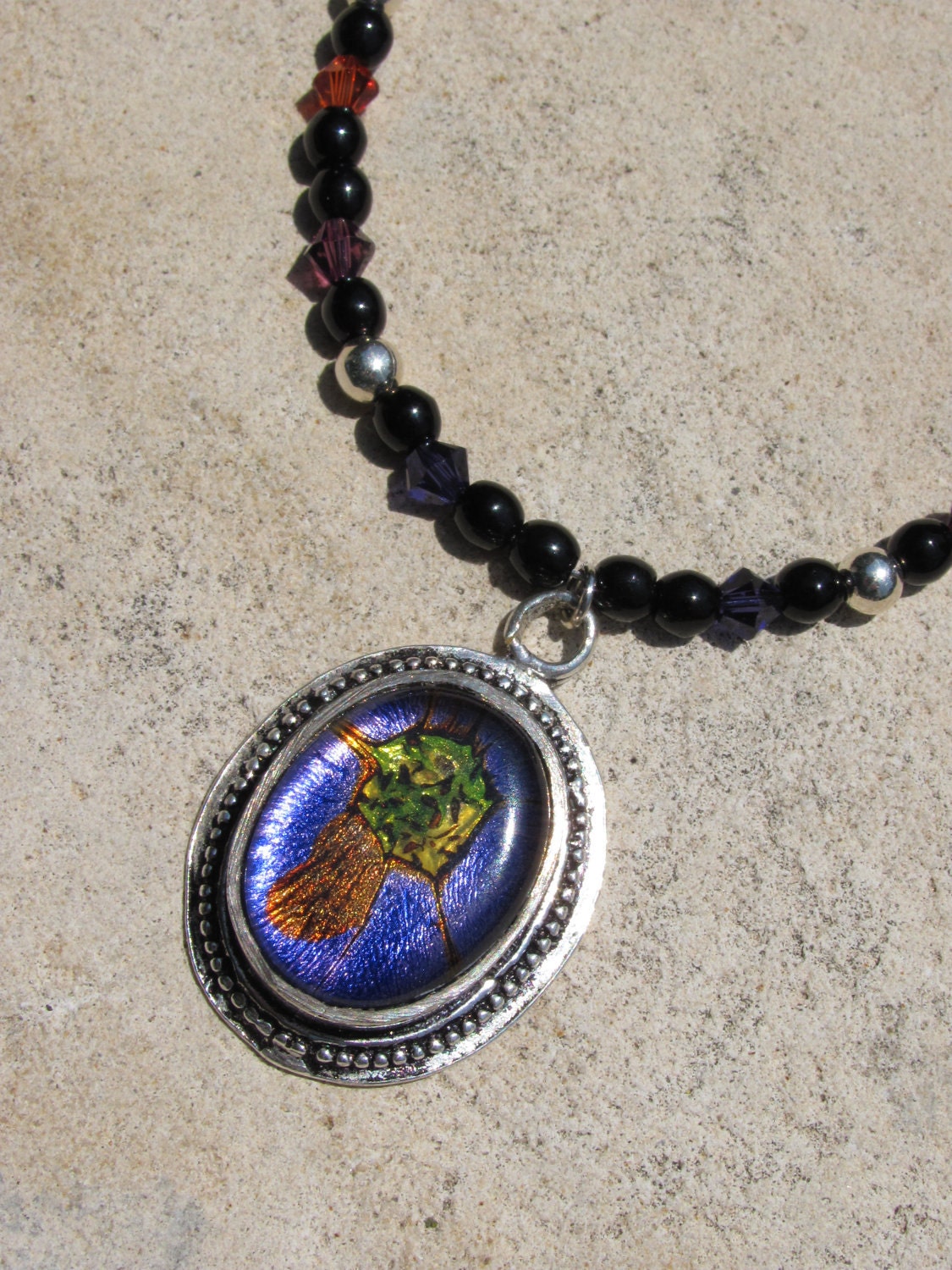 Dichroic Glass Necklace with Crystals Purple Dragon Eye