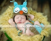 Sleepy Owl Baby Hat Blue / Mocha