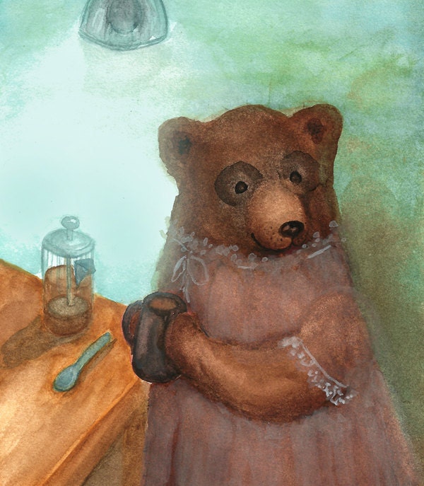 Whimsicial Bear Painting - Coffee Time