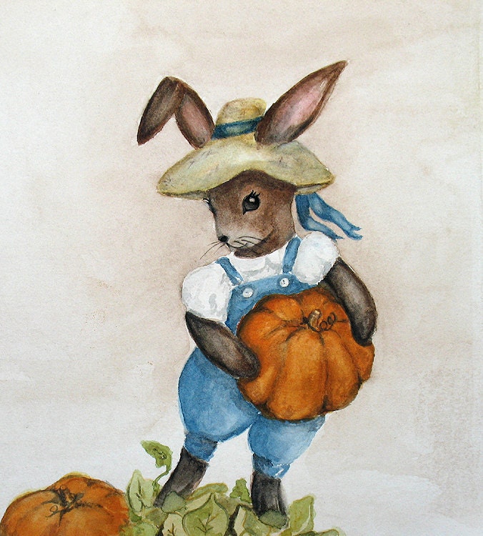 Original Bunny Painting - Thanksgiving - Orange Pumpkin Harvest - Watercolor