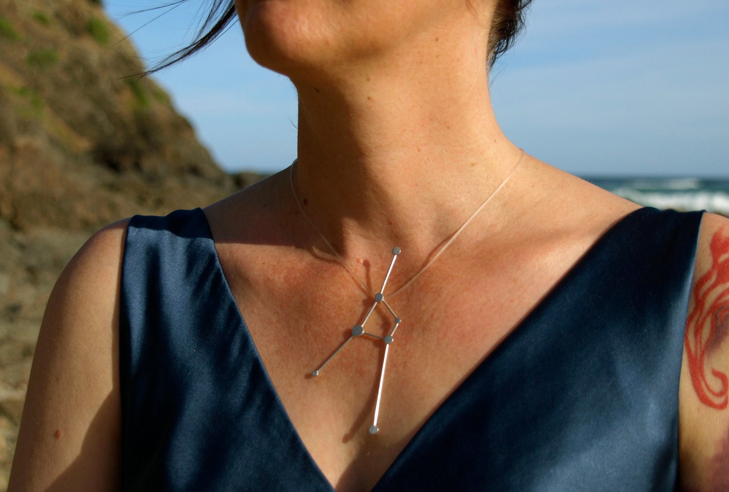 Cancer Zodiac Constellation Sterling Silver Necklace on Rubber Cord