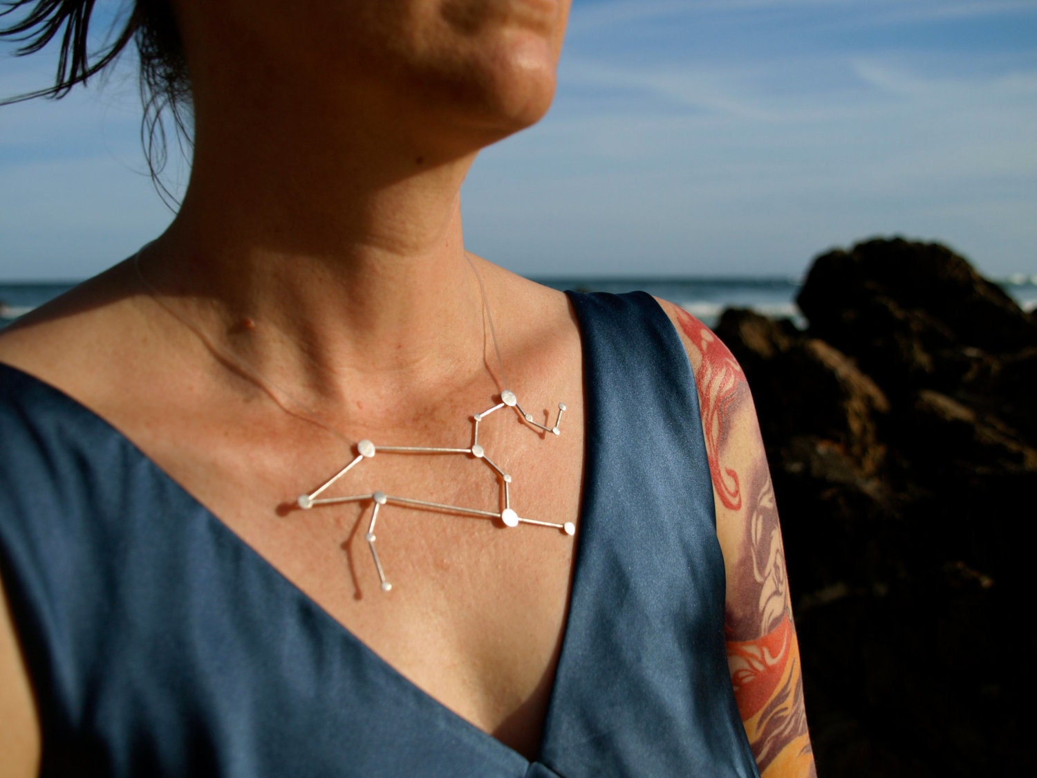 Leo Zodiac Constellation Sterling Silver Necklace on Rubber Cord