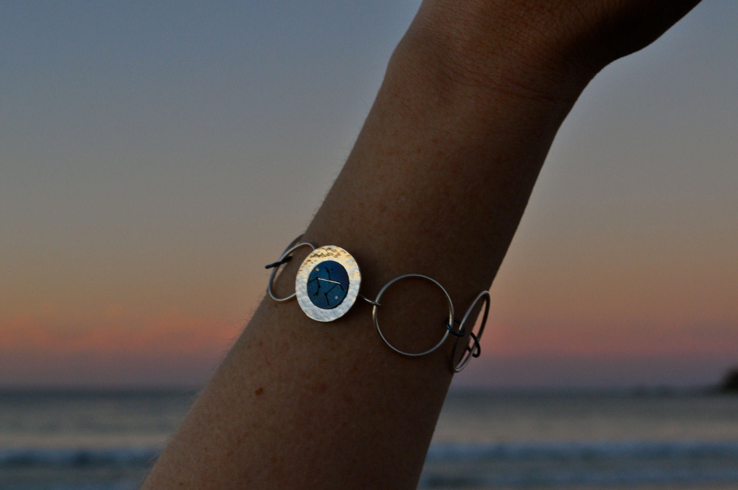 Aquarius Zodiac Constellation Titanium and Silver Hoops Bracelet - Star Map Design
