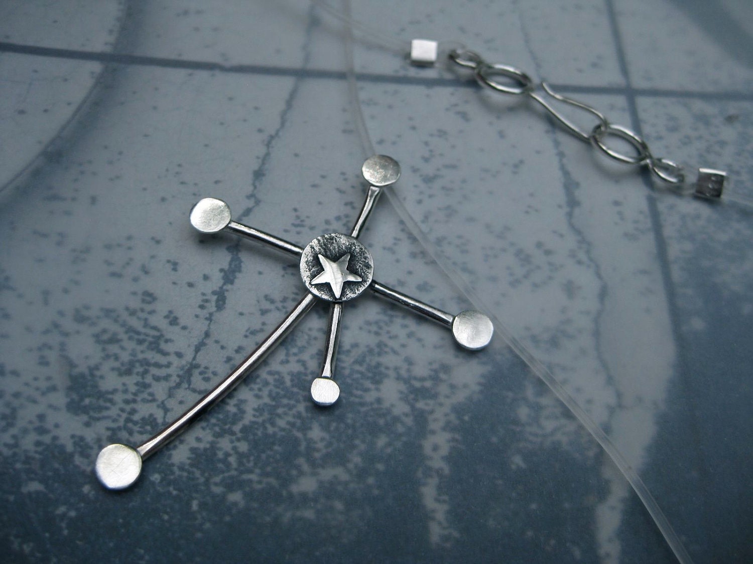 Southern Cross Constellation Necklace Star Motif Sterling Silver Rubber Cord